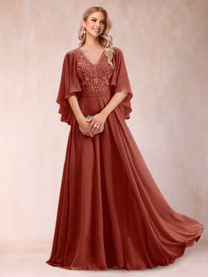 A-Line/Princess V-Neck Half Sleeves Mother of the Bride Dresses with Applique