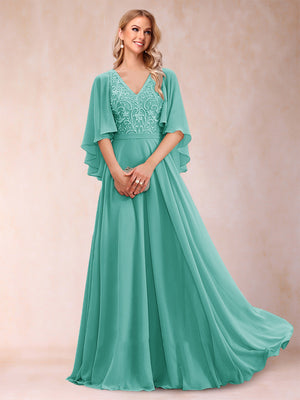 A-Line/Princess V-Neck Half Sleeves Mother of the Bride Dresses with Applique