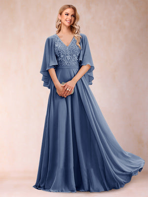 A-Line/Princess V-Neck Half Sleeves Mother of the Bride Dresses with Applique