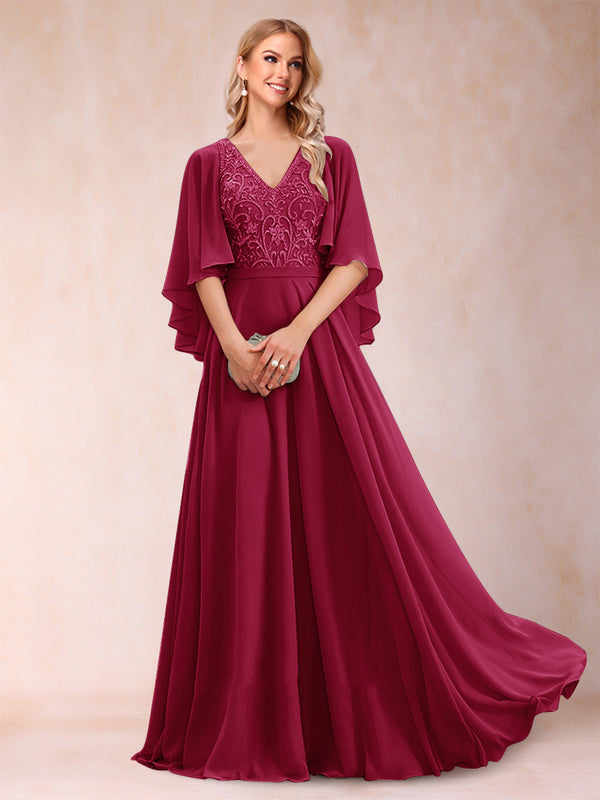A-Line/Princess V-Neck Half Sleeves Mother of the Bride Dresses with Applique