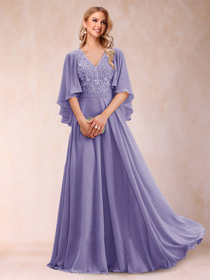 A-Line/Princess V-Neck Half Sleeves Mother of the Bride Dresses with Applique