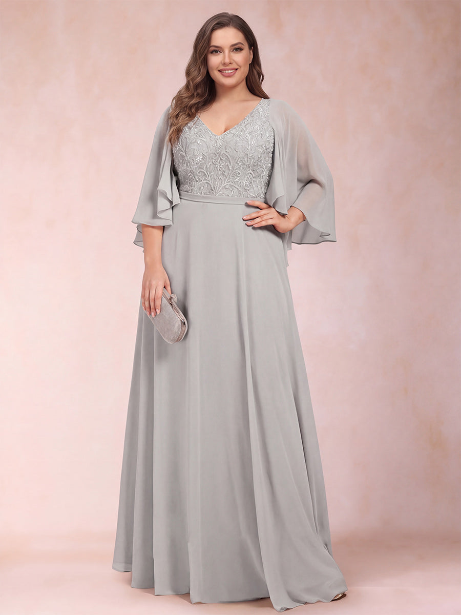 A-Line/Princess V-Neck Half Sleeves Plus Size Mother of the Bride Dresses with Applique