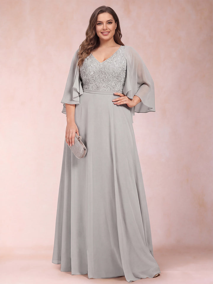 A-Line/Princess V-Neck Half Sleeves Plus Size Mother of the Bride Dresses with Applique