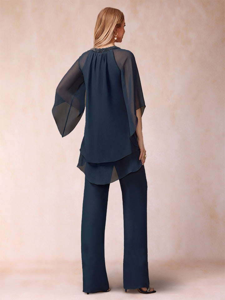 Chiffon Scoop 3/4 Sleeves 2 Pieces Pantsuits with Rhinestone &amp; Hollow