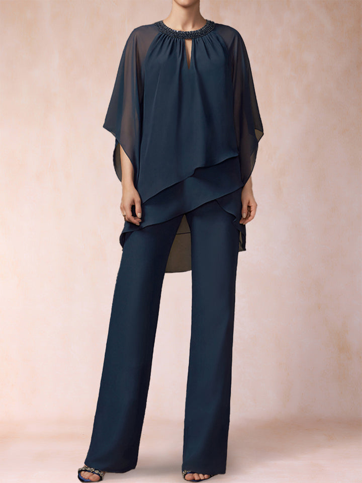 Chiffon Scoop 3/4 Sleeves 2 Pieces Pantsuits with Rhinestone &amp; Hollow