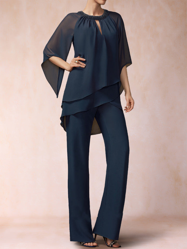Chiffon Scoop 3/4 Sleeves 2 Pieces Pantsuits with Rhinestone &amp; Hollow