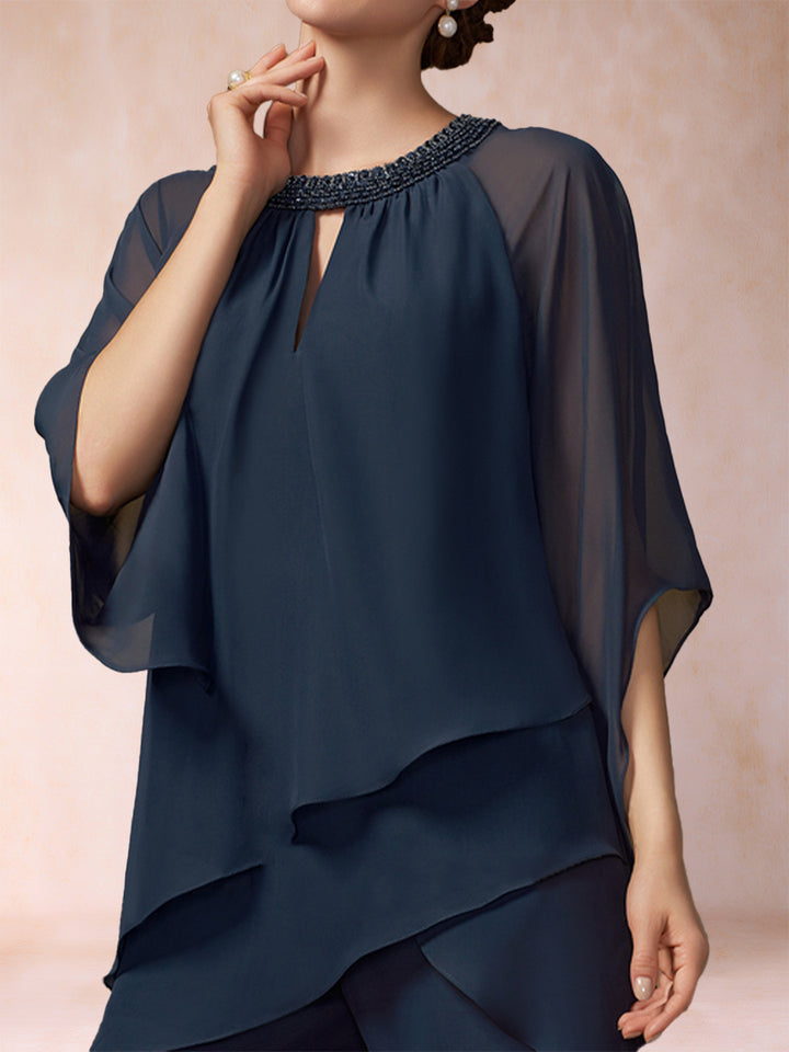 Chiffon Scoop 3/4 Sleeves 2 Pieces Pantsuits with Rhinestone &amp; Hollow