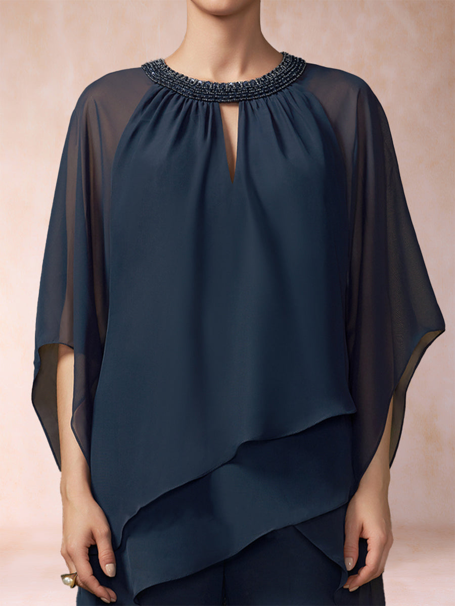 Chiffon Scoop 3/4 Sleeves 2 Pieces Pantsuits with Rhinestone &amp; Hollow