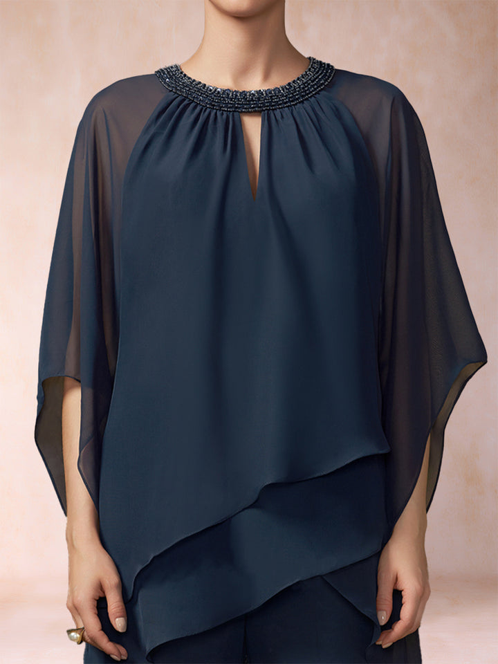 Chiffon Scoop 3/4 Sleeves 2 Pieces Pantsuits with Rhinestone &amp; Hollow