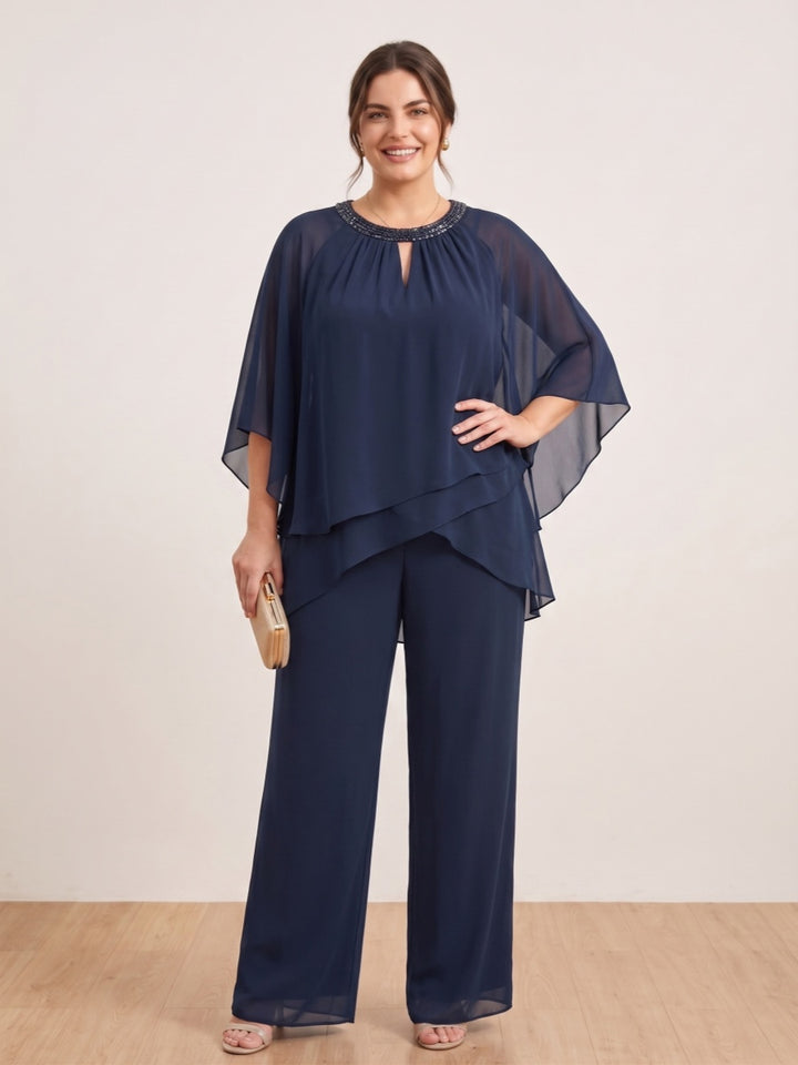 Chiffon Scoop 3/4 Sleeves 2 Pieces Plus Size Pantsuits with Rhinestone &amp; Hollow