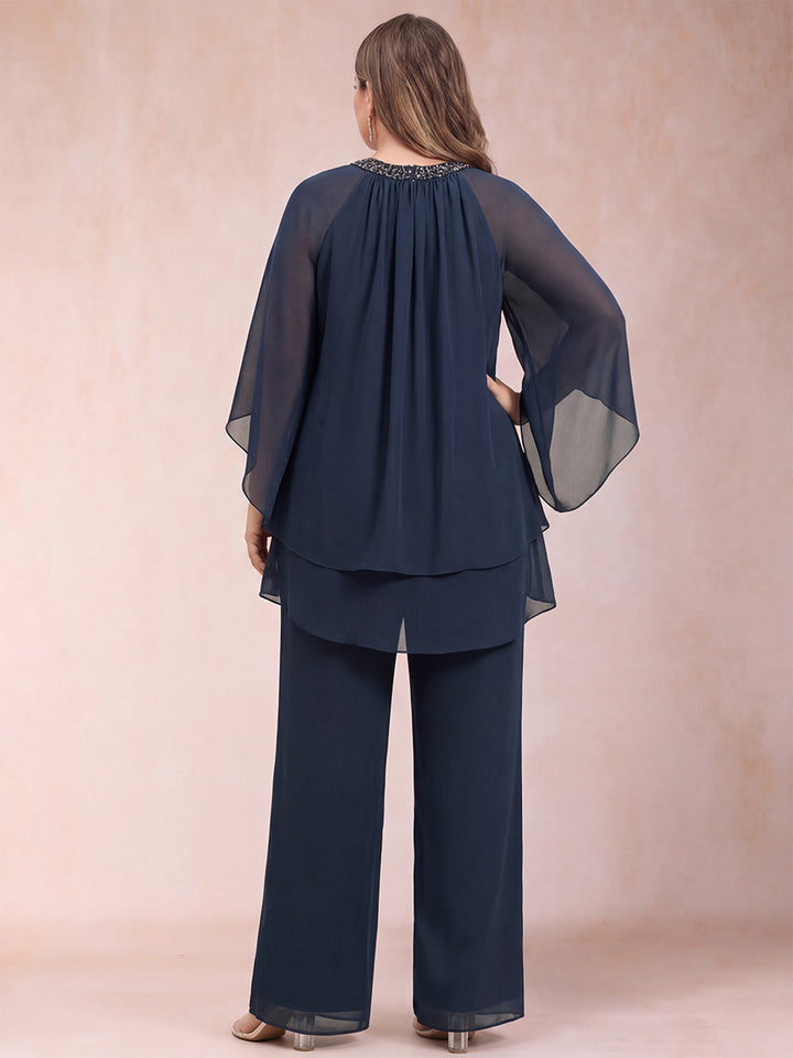 Chiffon Scoop 3/4 Sleeves 2 Pieces Plus Size Pantsuits with Rhinestone &amp; Hollow