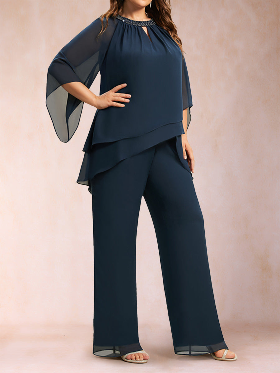 Chiffon Scoop 3/4 Sleeves 2 Pieces Plus Size Pantsuits with Rhinestone &amp; Hollow