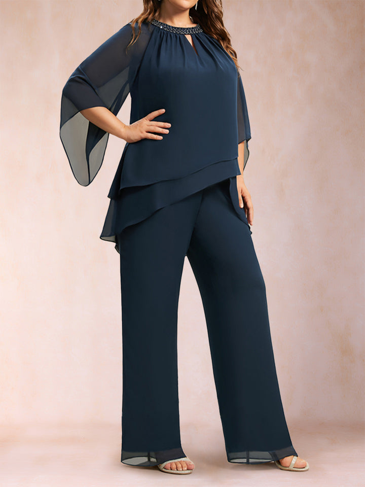 Chiffon Scoop 3/4 Sleeves 2 Pieces Plus Size Pantsuits with Rhinestone &amp; Hollow
