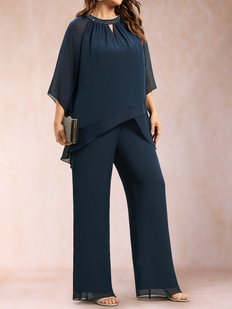 Chiffon Scoop 3/4 Sleeves 2 Pieces Plus Size Pantsuits with Rhinestone &amp; Hollow