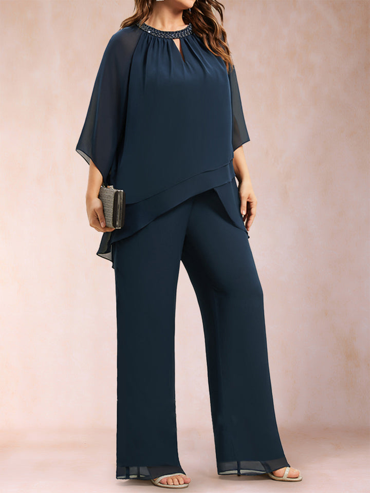 Chiffon Scoop 3/4 Sleeves 2 Pieces Plus Size Pantsuits with Rhinestone &amp; Hollow