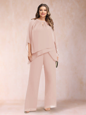 Chiffon Scoop 3/4 Sleeves 2 Pieces Plus Size Pantsuits with Rhinestone & Hollow