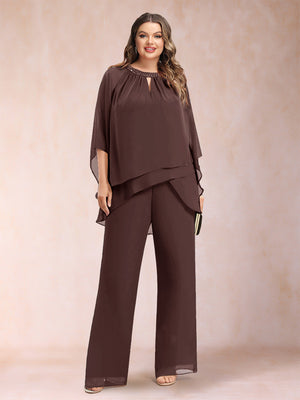 Chiffon Scoop 3/4 Sleeves 2 Pieces Plus Size Pantsuits with Rhinestone & Hollow
