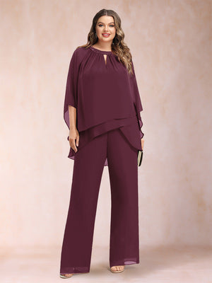 Chiffon Scoop 3/4 Sleeves 2 Pieces Plus Size Pantsuits with Rhinestone & Hollow