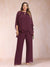 Chiffon Scoop 3/4 Sleeves 2 Pieces Plus Size Pantsuits with Rhinestone & Hollow