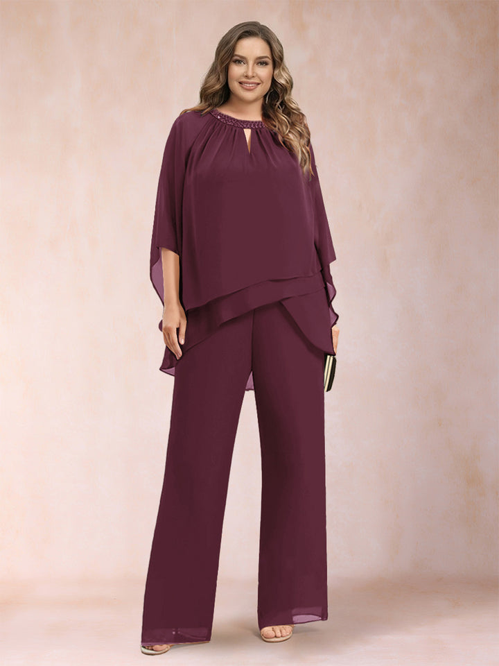 Chiffon Scoop 3/4 Sleeves 2 Pieces Plus Size Pantsuits with Rhinestone &amp; Hollow