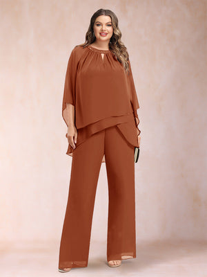 Chiffon Scoop 3/4 Sleeves 2 Pieces Plus Size Pantsuits with Rhinestone & Hollow