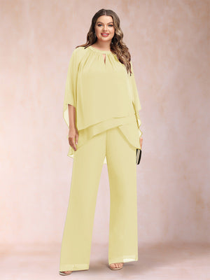 Chiffon Scoop 3/4 Sleeves 2 Pieces Plus Size Pantsuits with Rhinestone & Hollow
