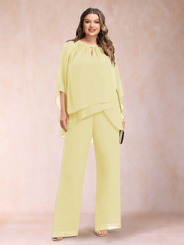 Chiffon Scoop 3/4 Sleeves 2 Pieces Plus Size Pantsuits with Rhinestone & Hollow