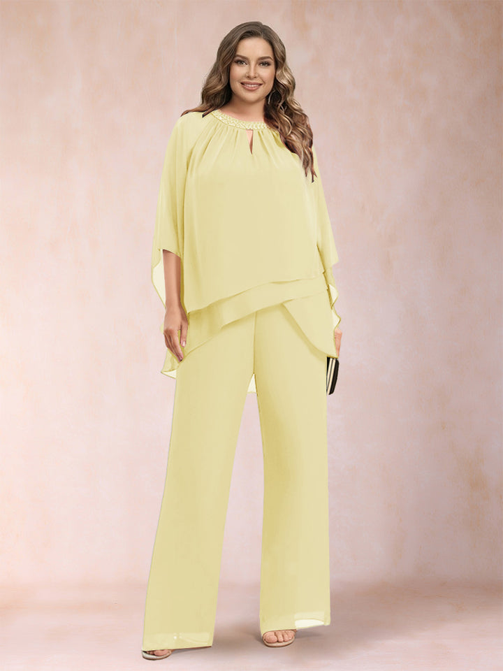 Chiffon Scoop 3/4 Sleeves 2 Pieces Plus Size Pantsuits with Rhinestone &amp; Hollow