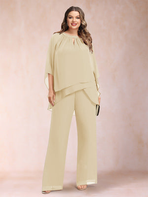 Chiffon Scoop 3/4 Sleeves 2 Pieces Plus Size Pantsuits with Rhinestone & Hollow