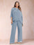 Chiffon Scoop 3/4 Sleeves 2 Pieces Plus Size Pantsuits with Rhinestone & Hollow