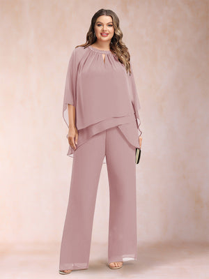 Chiffon Scoop 3/4 Sleeves 2 Pieces Plus Size Pantsuits with Rhinestone & Hollow