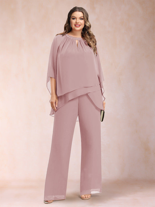 Chiffon Scoop 3/4 Sleeves 2 Pieces Plus Size Pantsuits with Rhinestone & Hollow