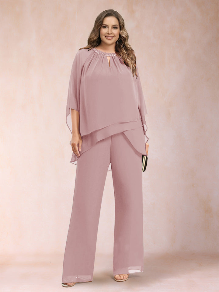 Chiffon Scoop 3/4 Sleeves 2 Pieces Plus Size Pantsuits with Rhinestone &amp; Hollow
