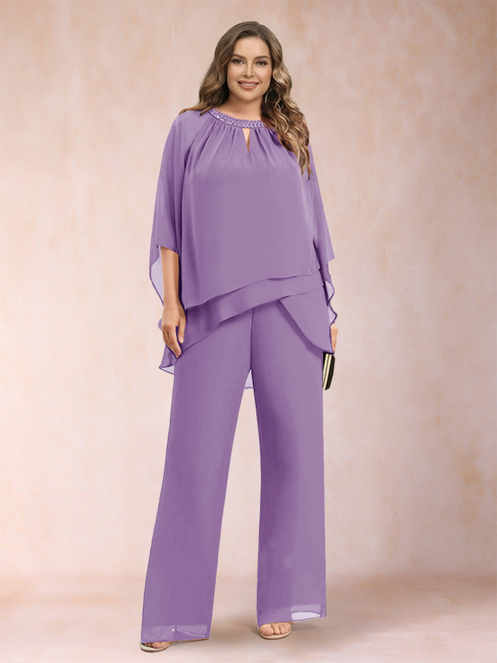 Chiffon Scoop 3/4 Sleeves 2 Pieces Plus Size Pantsuits with Rhinestone &amp; Hollow