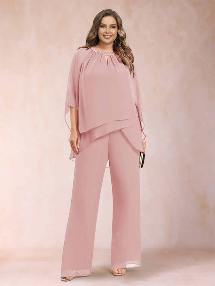Chiffon Scoop 3/4 Sleeves 2 Pieces Plus Size Pantsuits with Rhinestone &amp; Hollow