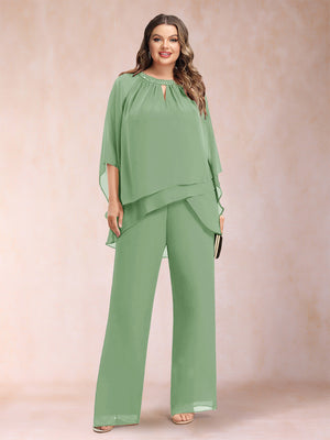 Chiffon Scoop 3/4 Sleeves 2 Pieces Plus Size Pantsuits with Rhinestone & Hollow
