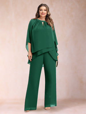 Chiffon Scoop 3/4 Sleeves 2 Pieces Plus Size Pantsuits with Rhinestone & Hollow