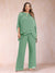 Chiffon Scoop 3/4 Sleeves 2 Pieces Plus Size Pantsuits with Rhinestone & Hollow