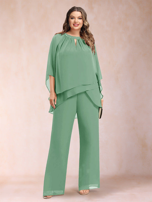 Chiffon Scoop 3/4 Sleeves 2 Pieces Plus Size Pantsuits with Rhinestone & Hollow