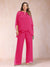 Chiffon Scoop 3/4 Sleeves 2 Pieces Plus Size Pantsuits with Rhinestone & Hollow