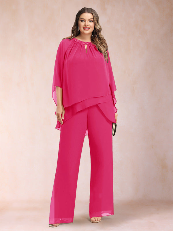 Chiffon Scoop 3/4 Sleeves 2 Pieces Plus Size Pantsuits with Rhinestone & Hollow