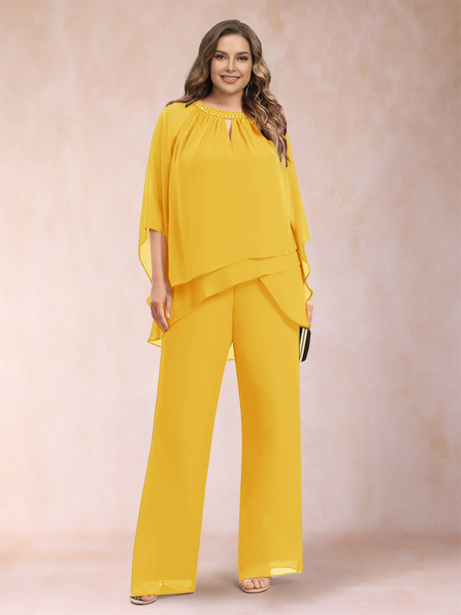 Chiffon Scoop 3/4 Sleeves 2 Pieces Plus Size Pantsuits with Rhinestone &amp; Hollow