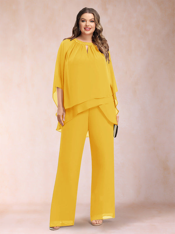 Chiffon Scoop 3/4 Sleeves 2 Pieces Plus Size Pantsuits with Rhinestone & Hollow