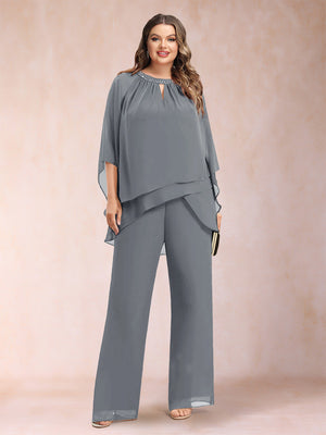 Chiffon Scoop 3/4 Sleeves 2 Pieces Plus Size Pantsuits with Rhinestone & Hollow