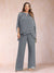 Chiffon Scoop 3/4 Sleeves 2 Pieces Plus Size Pantsuits with Rhinestone & Hollow