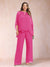 Chiffon Scoop 3/4 Sleeves 2 Pieces Plus Size Pantsuits with Rhinestone & Hollow