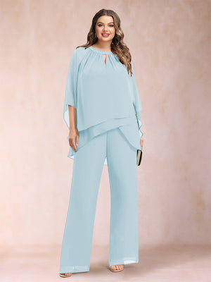 Chiffon Scoop 3/4 Sleeves 2 Pieces Plus Size Pantsuits with Rhinestone & Hollow