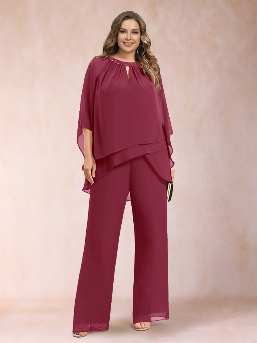 Chiffon Scoop 3/4 Sleeves 2 Pieces Plus Size Pantsuits with Rhinestone &amp; Hollow