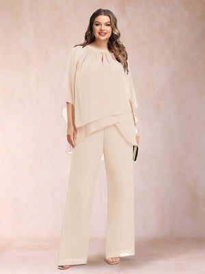 Chiffon Scoop 3/4 Sleeves 2 Pieces Plus Size Pantsuits with Rhinestone & Hollow