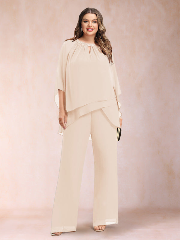 Chiffon Scoop 3/4 Sleeves 2 Pieces Plus Size Pantsuits with Rhinestone & Hollow